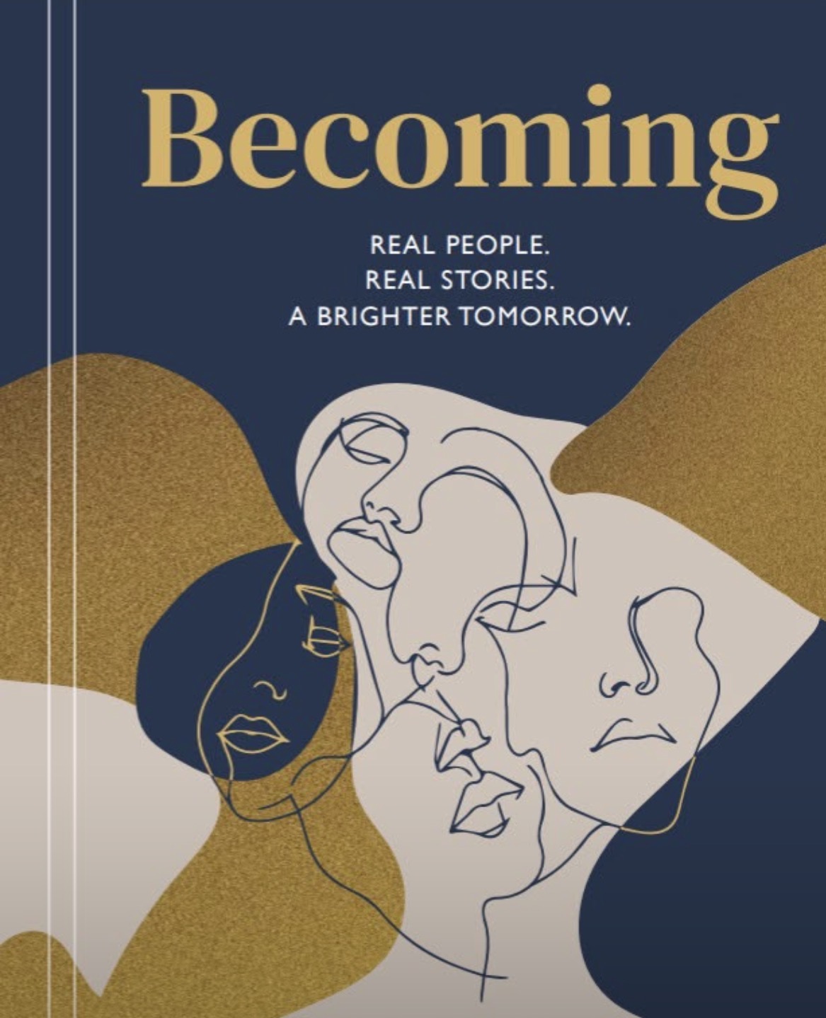 Actual Becoming book cover in navy, gold and cream with line-drawn women